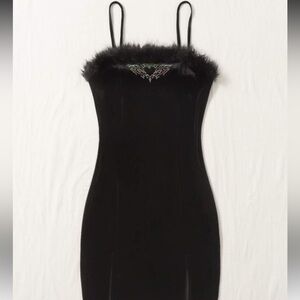 Black Velvet Dress with fluffy top hem